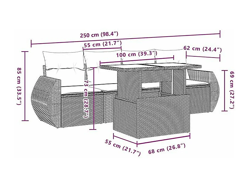 Salon de jardin avec coussins 5 pcs marron résine tressée