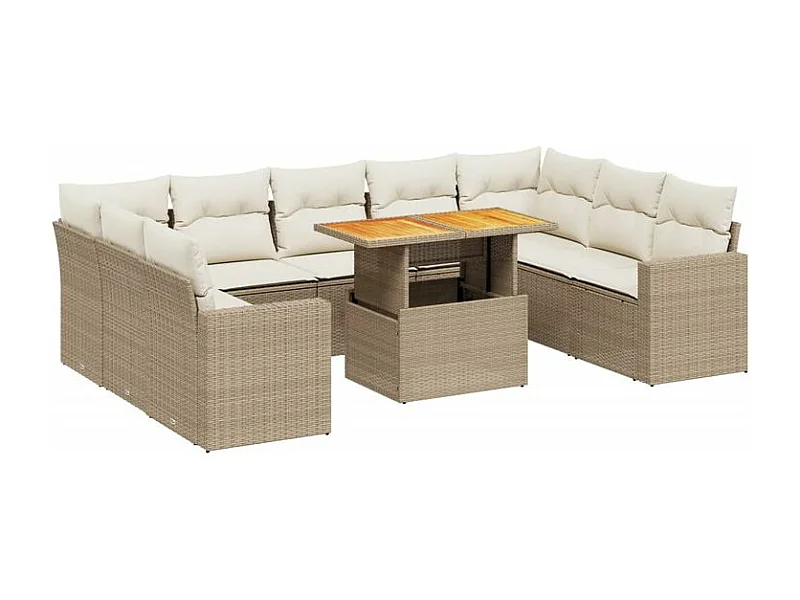 Salon de jardin avec coussins 10 pcs beige résine tressée