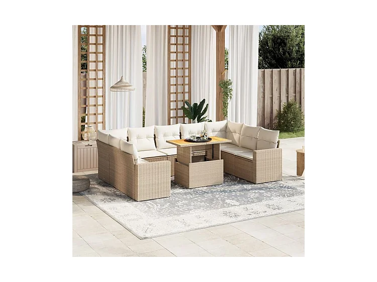 Salon de jardin avec coussins 10 pcs beige résine tressée