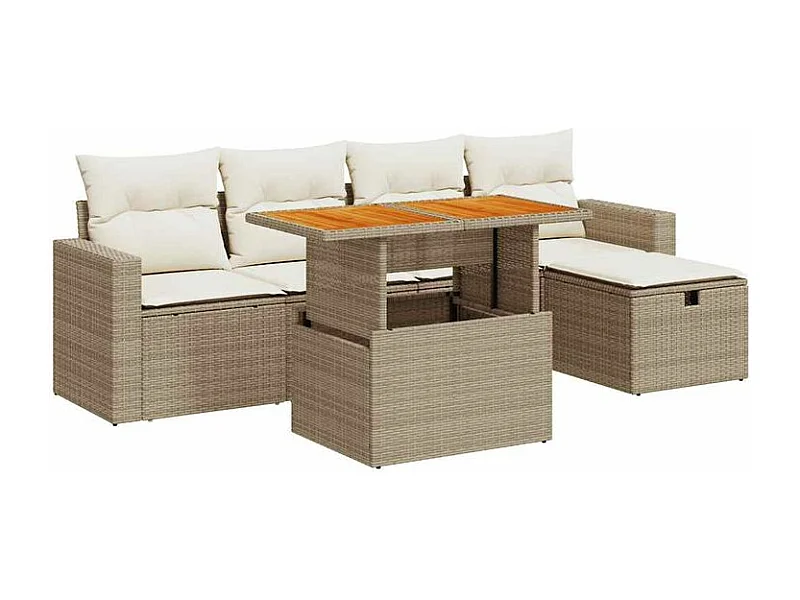 Salon de jardin 6 pcs avec coussins beige résine tressée acacia