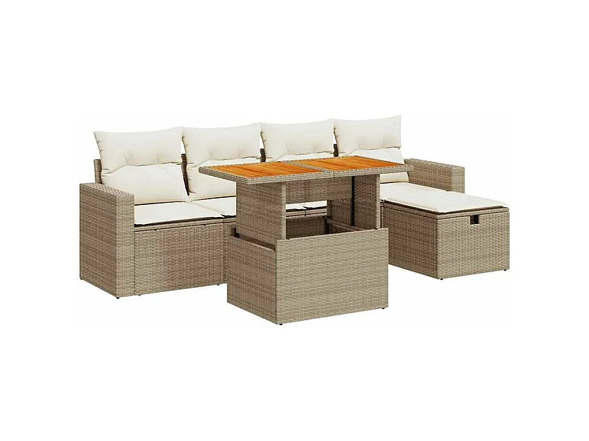Salon de jardin 6 pcs avec coussins beige résine tressée acacia
