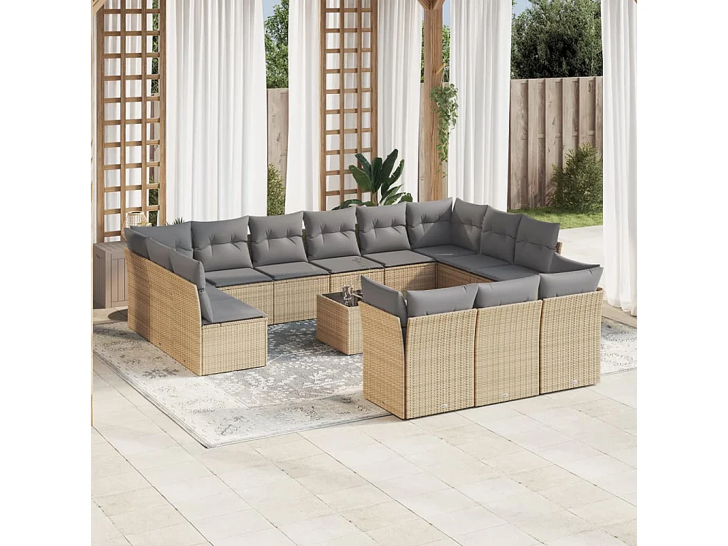 Salon de jardin avec coussins 14 pcs beige résine tressée