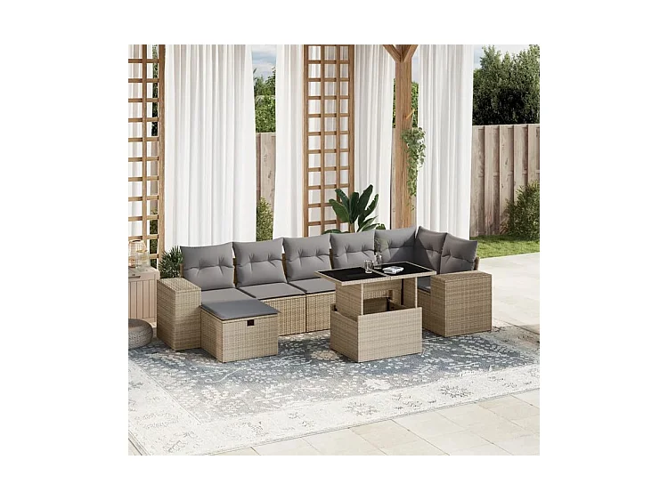 Salon de jardin avec coussins 8 pcs beige résine tressée