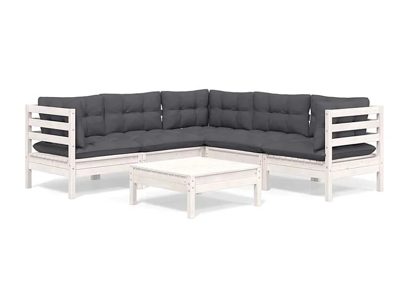 Salon de jardin 6 pcs avec coussins blanc bois de pin solide