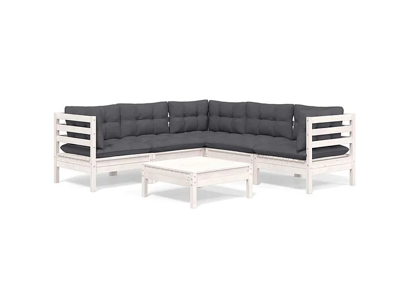 Salon de jardin 6 pcs avec coussins blanc bois de pin solide