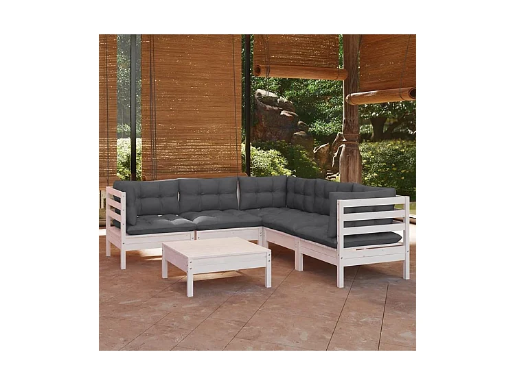 Salon de jardin 6 pcs avec coussins blanc bois de pin solide