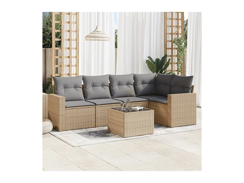 Salon de jardin avec coussins 6 pcs beige résine tressée