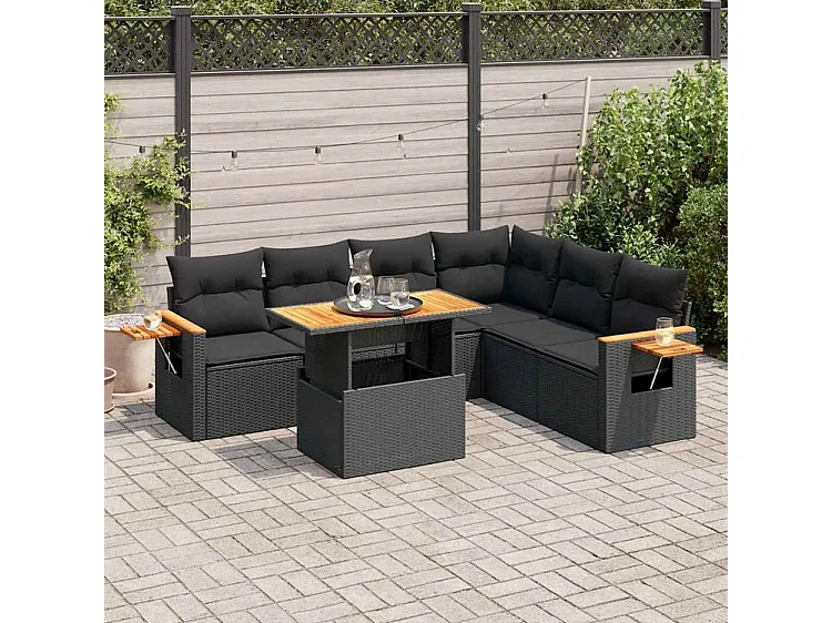 Salon de jardin 6 pcs avec coussins noir résine tressée acacia