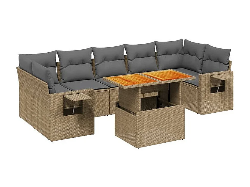 Salon de jardin avec coussins 8 pcs beige résine tressée