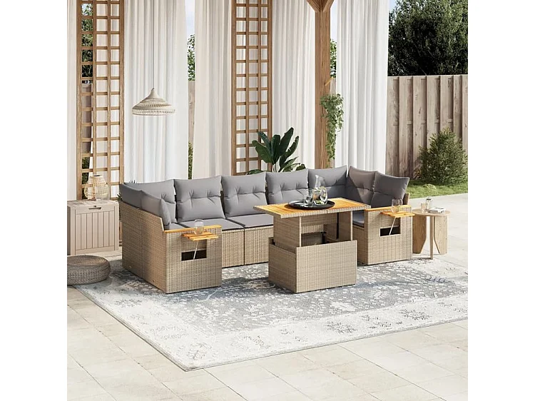 Salon de jardin avec coussins 8 pcs beige résine tressée