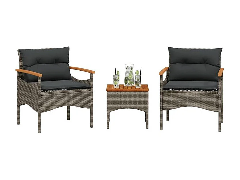 Salon de jardin avec coussins 3 pcs gris résine tressée