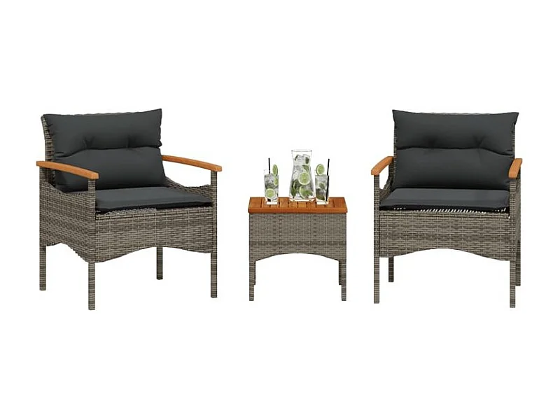 Salon de jardin avec coussins 3 pcs gris résine tressée