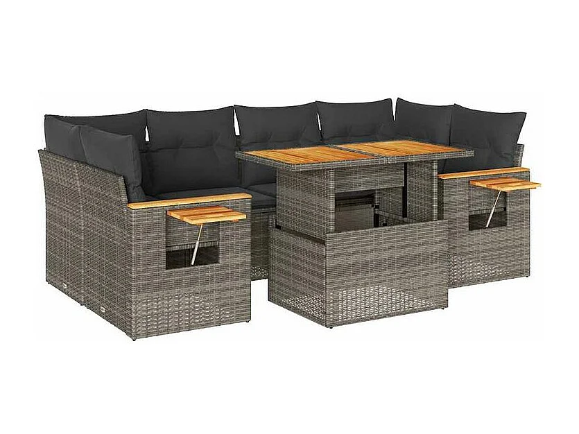 Salon de jardin avec coussins 7 pcs gris résine tressée acacia