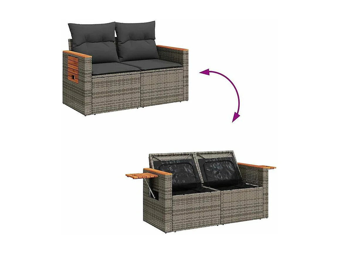 Salon de jardin avec coussins 7 pcs gris résine tressée acacia