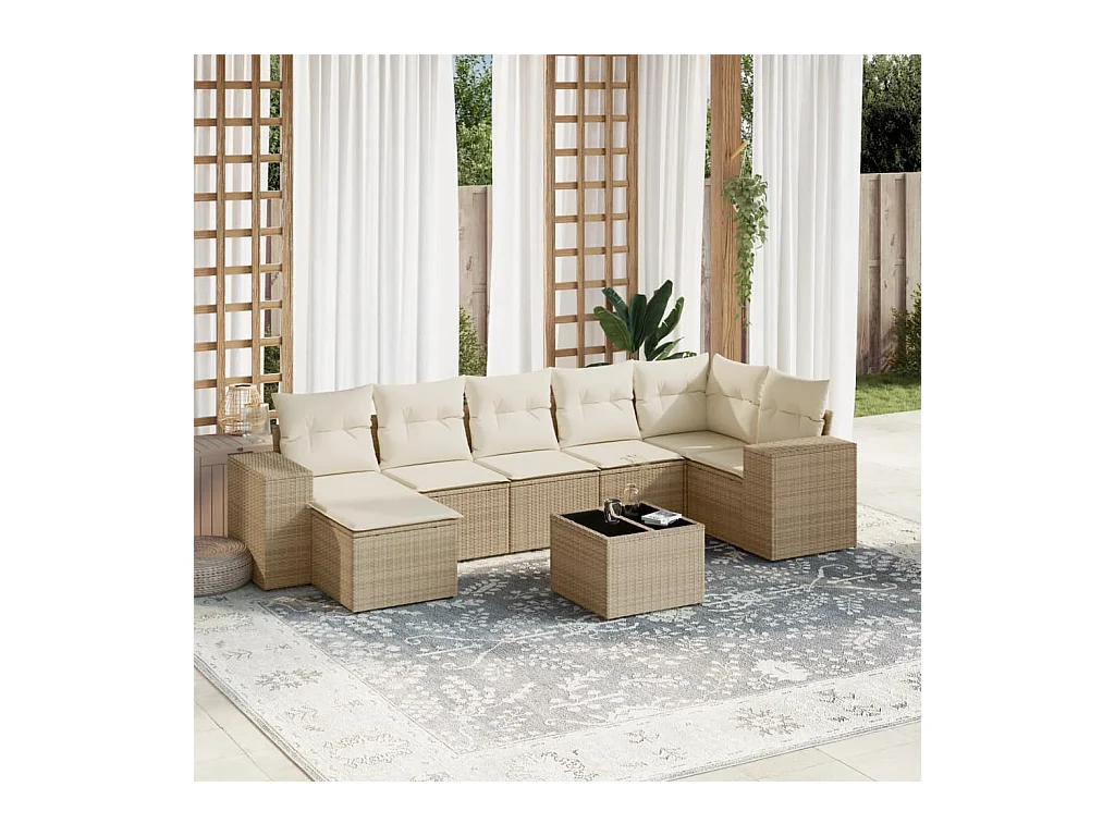 Salon de jardin avec coussins 8 pcs beige résine tressée