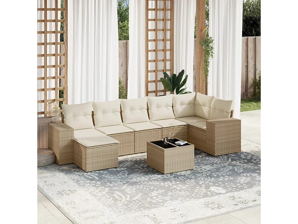 Salon de jardin avec coussins 8 pcs beige résine tressée