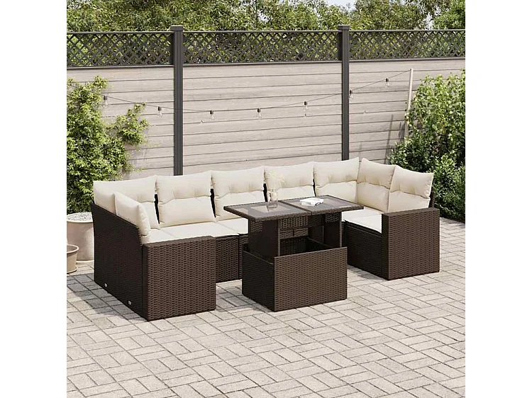 Salon de jardin 8 pcs avec coussins marron résine tressée