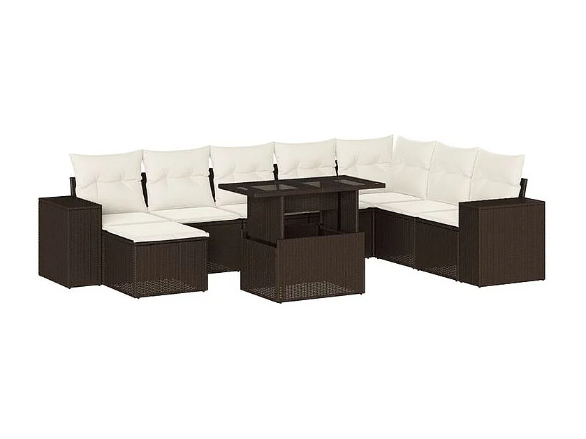Salon de jardin avec coussins 9 pcs marron résine tressée