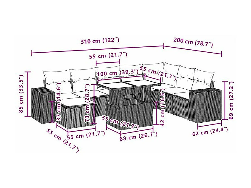 Salon de jardin avec coussins 9 pcs marron résine tressée