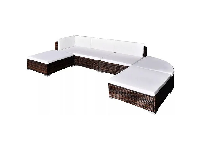 Salon de jardin 6 pièces résine tressée marron coussins blanc Mik