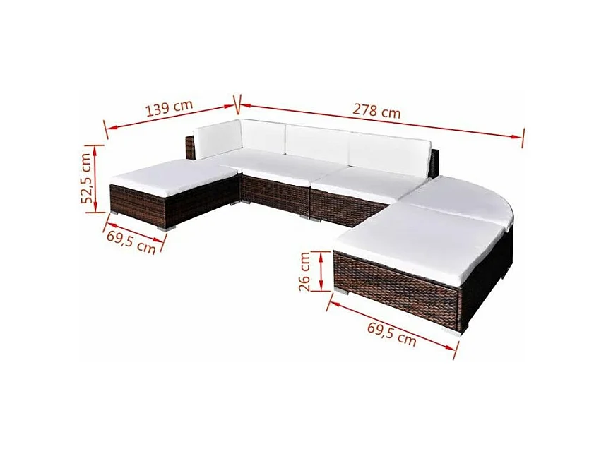 Salon de jardin 6 pièces résine tressée marron coussins blanc Mik