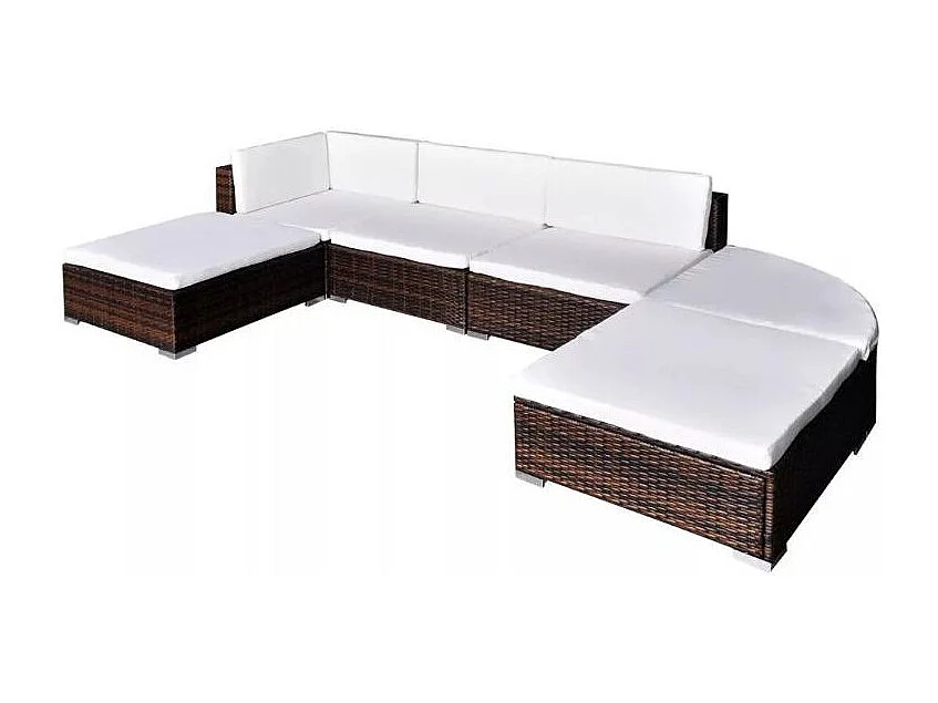 Salon de jardin 6 pièces résine tressée marron coussins blanc Mik