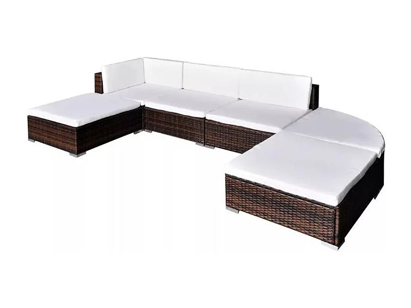 Salon de jardin 6 pièces résine tressée marron coussins blanc Mik