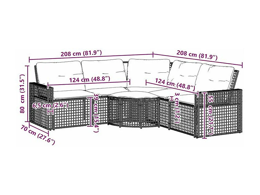 Canapé de jardin et coussins et repose-pied en forme de L rotin