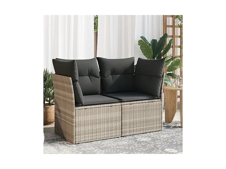 Canapé de jardin 2 places et coussins gris clair résine tressée