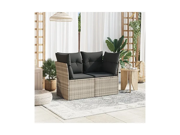 Canapé de jardin 2 places et coussins gris clair résine tressée