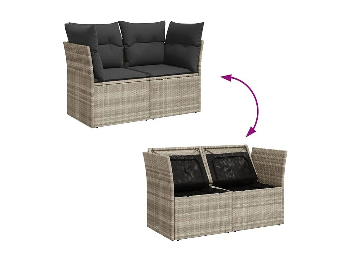 Canapé de jardin 2 places et coussins gris clair résine tressée