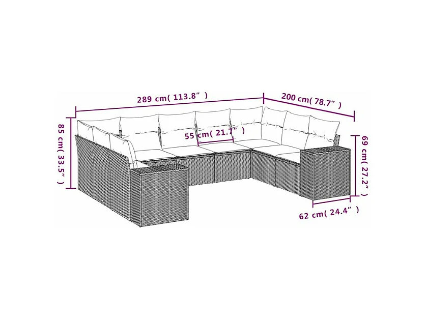 Salon de jardin avec coussins 9 pcs marron résine tressée
