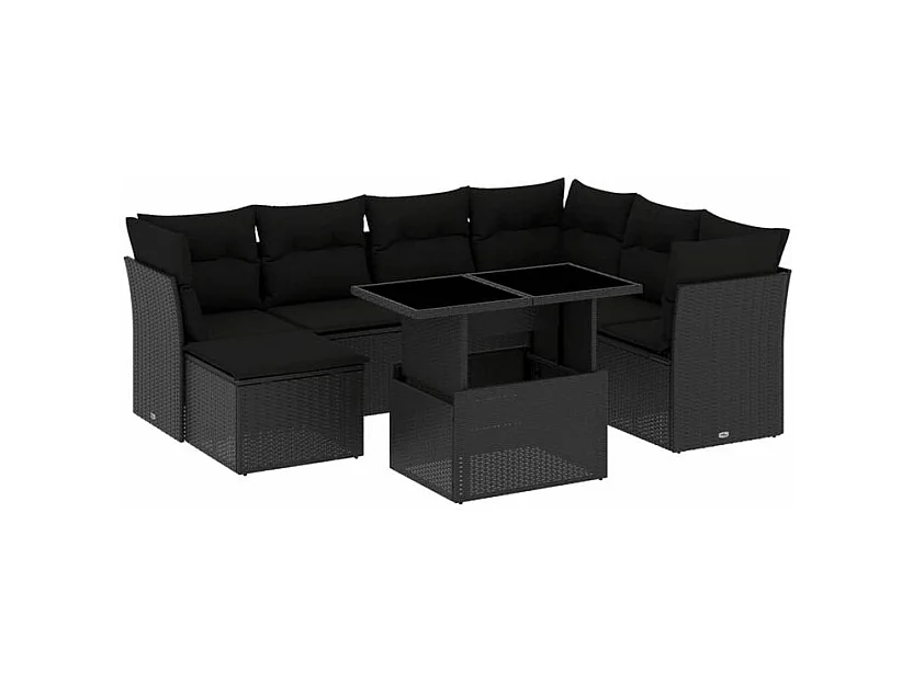 Salon de jardin 8 pcs avec coussins noir résine tressée