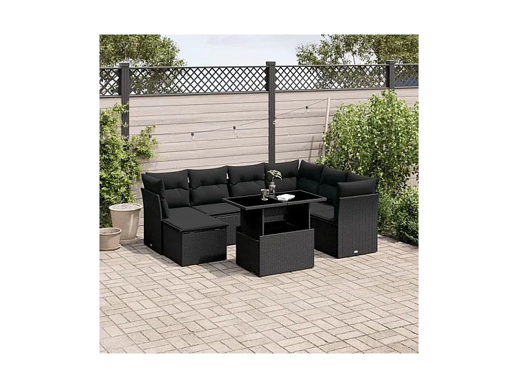 Salon de jardin 8 pcs avec coussins noir résine tressée