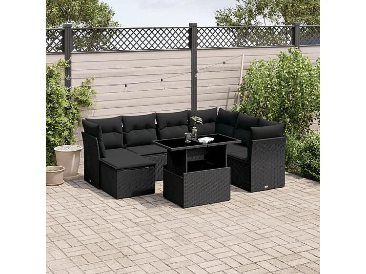 Salon de jardin 8 pcs avec coussins noir résine tressée