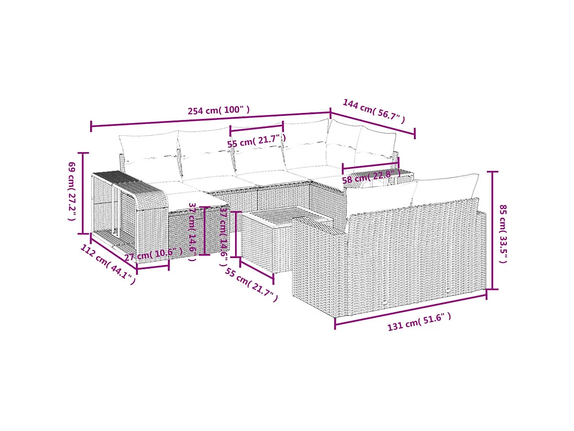 Salon de jardin 11 pcs avec coussins beige résine tressée