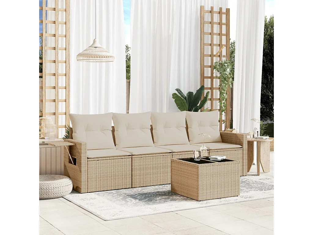 Salon de jardin avec coussins 5 pcs beige résine tressée