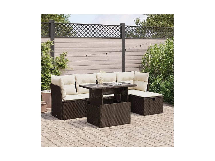 Salon de jardin avec coussins 6 pcs marron résine tressée