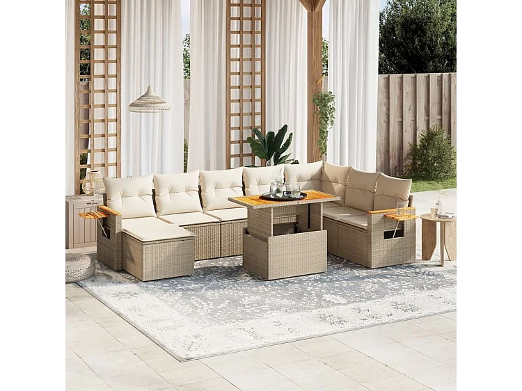 Salon de jardin avec coussins 8 pcs beige résine tressée