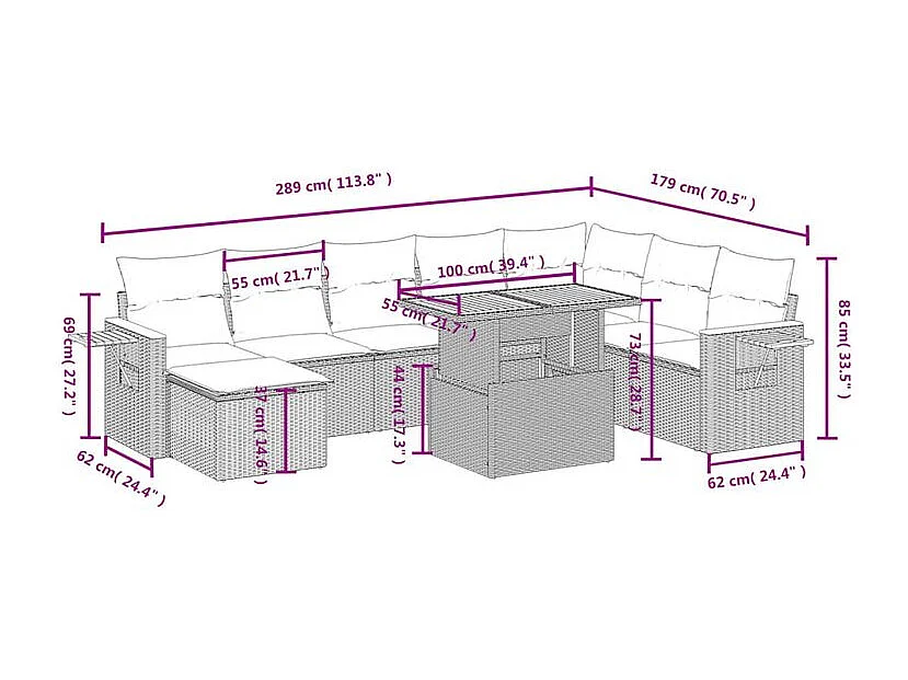 Salon de jardin avec coussins 8 pcs beige résine tressée