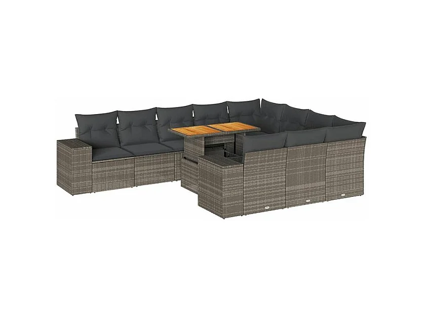 Salon de jardin avec coussins 10 pcs gris résine tressée acacia