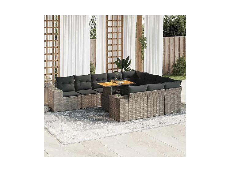 Salon de jardin avec coussins 10 pcs gris résine tressée acacia