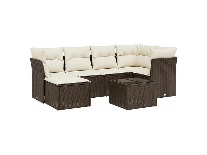 Salon de jardin avec coussins 7 pcs marron résine tressée