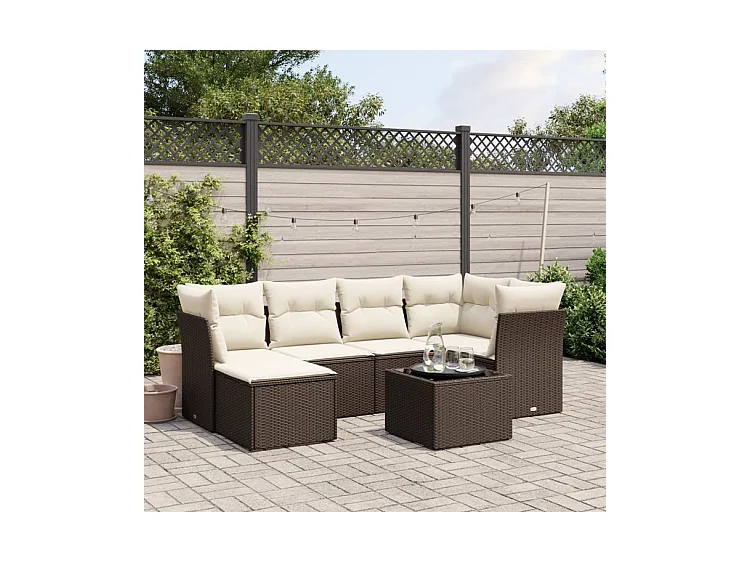Salon de jardin avec coussins 7 pcs marron résine tressée