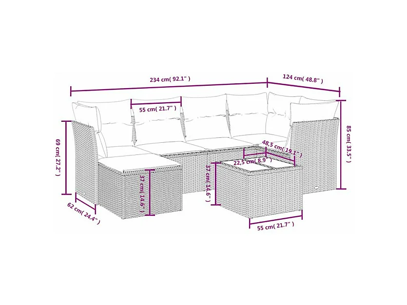 Salon de jardin avec coussins 7 pcs marron résine tressée