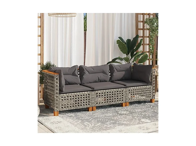 Canapé de jardin avec coussins 3 places gris résine tressée