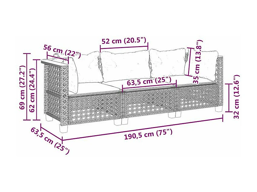 Canapé de jardin avec coussins 3 places gris résine tressée