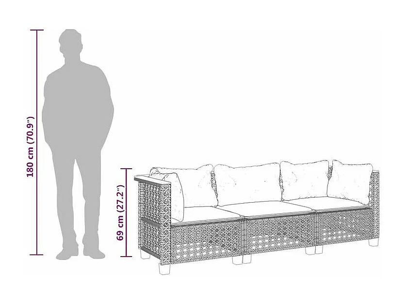 Canapé de jardin avec coussins 3 places gris résine tressée