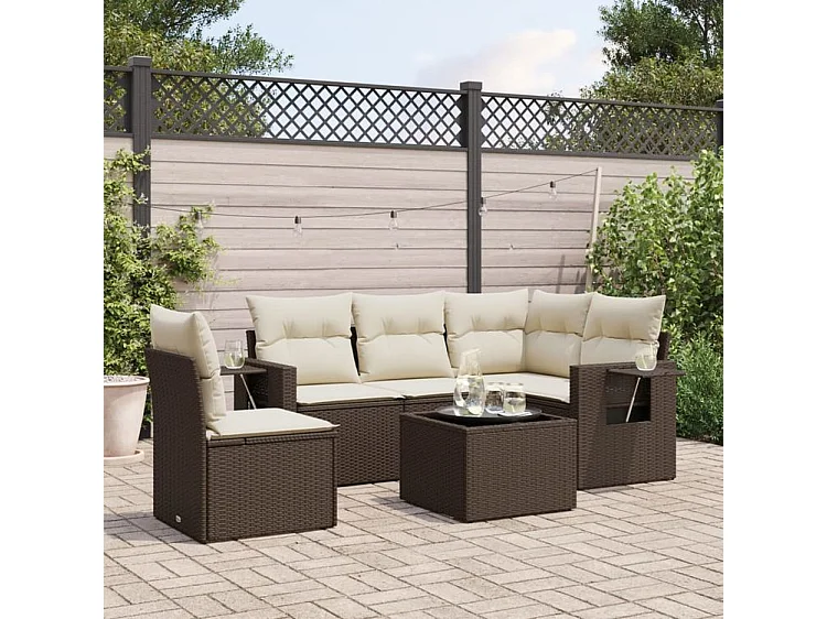 Salon de jardin avec coussins 6 pcs marron résine tressée