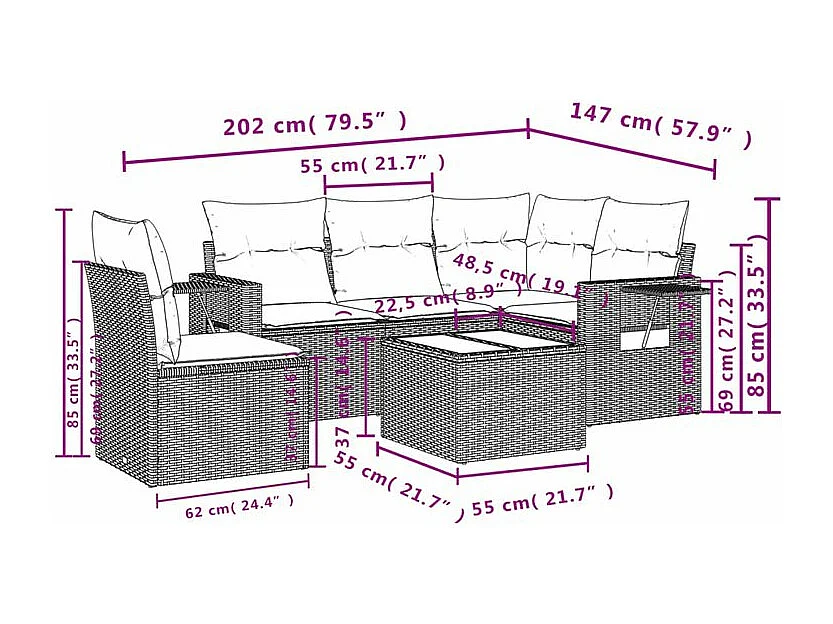 Salon de jardin avec coussins 6 pcs marron résine tressée